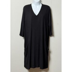 Eileen Fisher Black Viscose Jersey V-Neck 3/4 Sleeve Shift Dress Pockets Sz XL